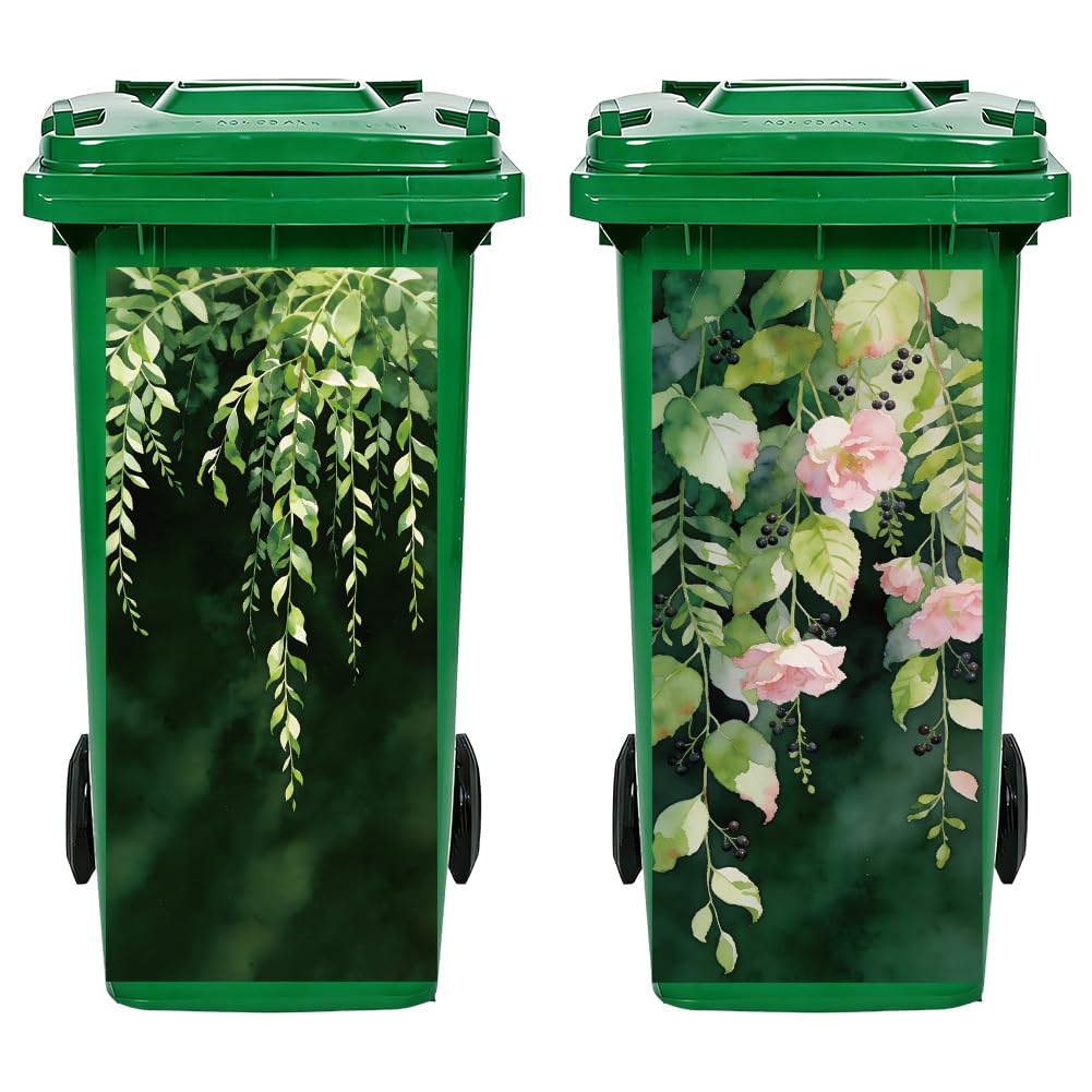 TNKBREEZE 2Pcs Leaves Cirrus Trash Bin Decals Streets 82 * 38cm/32 * 15in Green Large Wraps for Trash Cans Bins Reusable PVC Refrigerator Dustbin Stickers Decals for Garden Park Outdoor