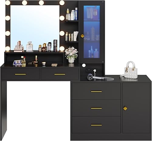 Miniatura 8 de Tocador de maquillaje grande con luces, escritorio de tocador con espejo, juego de mesa de tocador moderno con cajón, estación de carga y gabinetes
