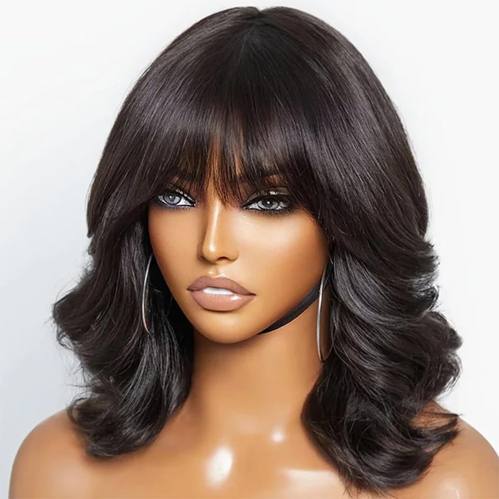 Body Wave Short Bob Human Hair Wigs With Bangs Pre Plucked HD Transparent 13x6 Lace Front Wig For Women Natural Color Brazilian Remy Hair Glueless Wig Pre Cut Bleached Knots 150% Density 8 Inch