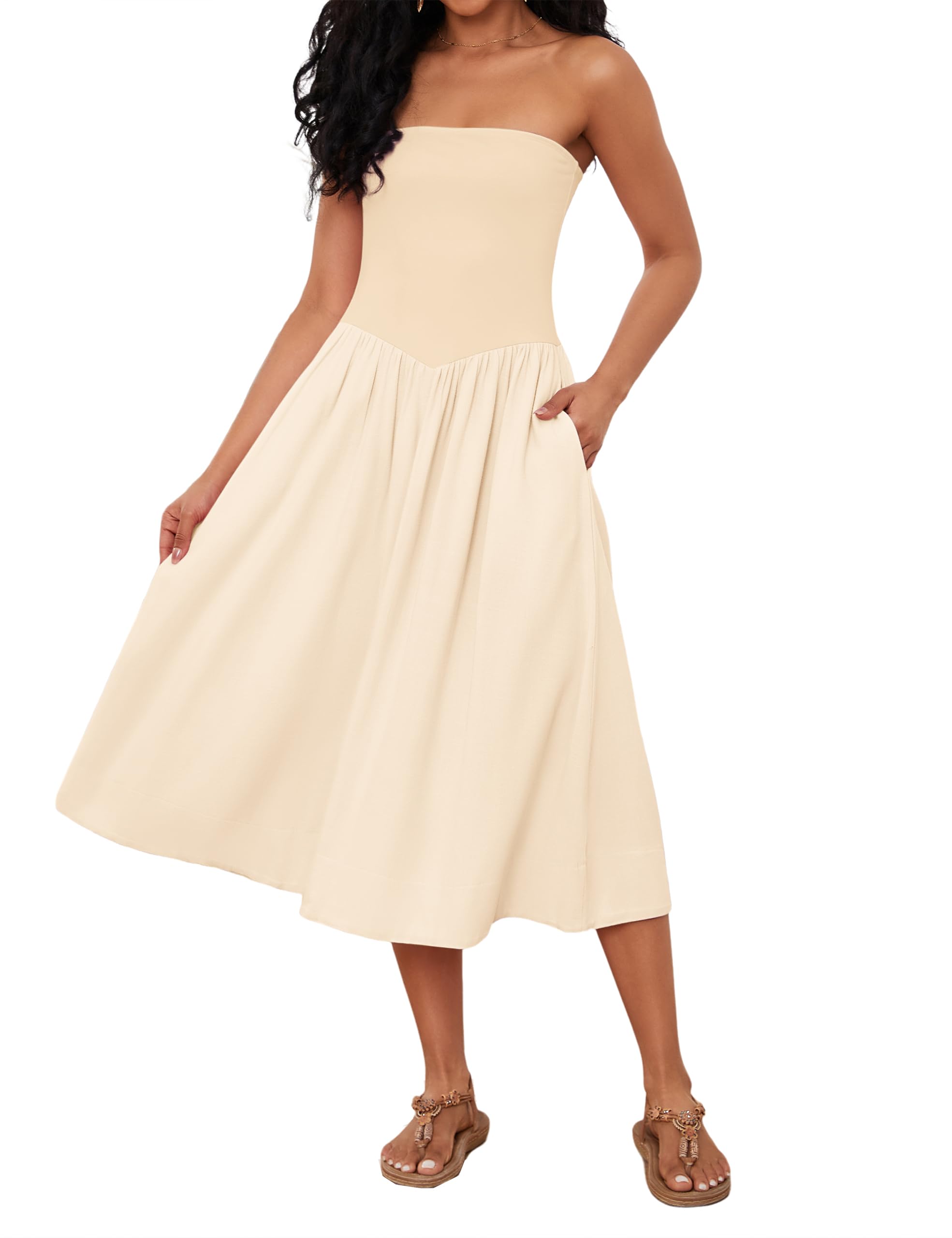 Livtany Women Off Shoulder Midi Dress Strapless Sleeveless Drop-Waist A Line Tube Dress Trendy Summer Swing Patchwork Dress