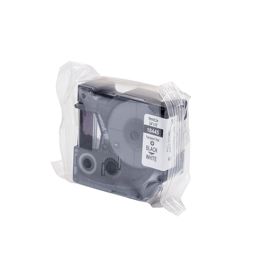 Dymo 18445 Rhino - Etiquetas industriales de vinilo, autoadhesivas, rollo de 19 mm x 5,5 m, impresión en negro sobre blanco + bolígrafo PaperMate