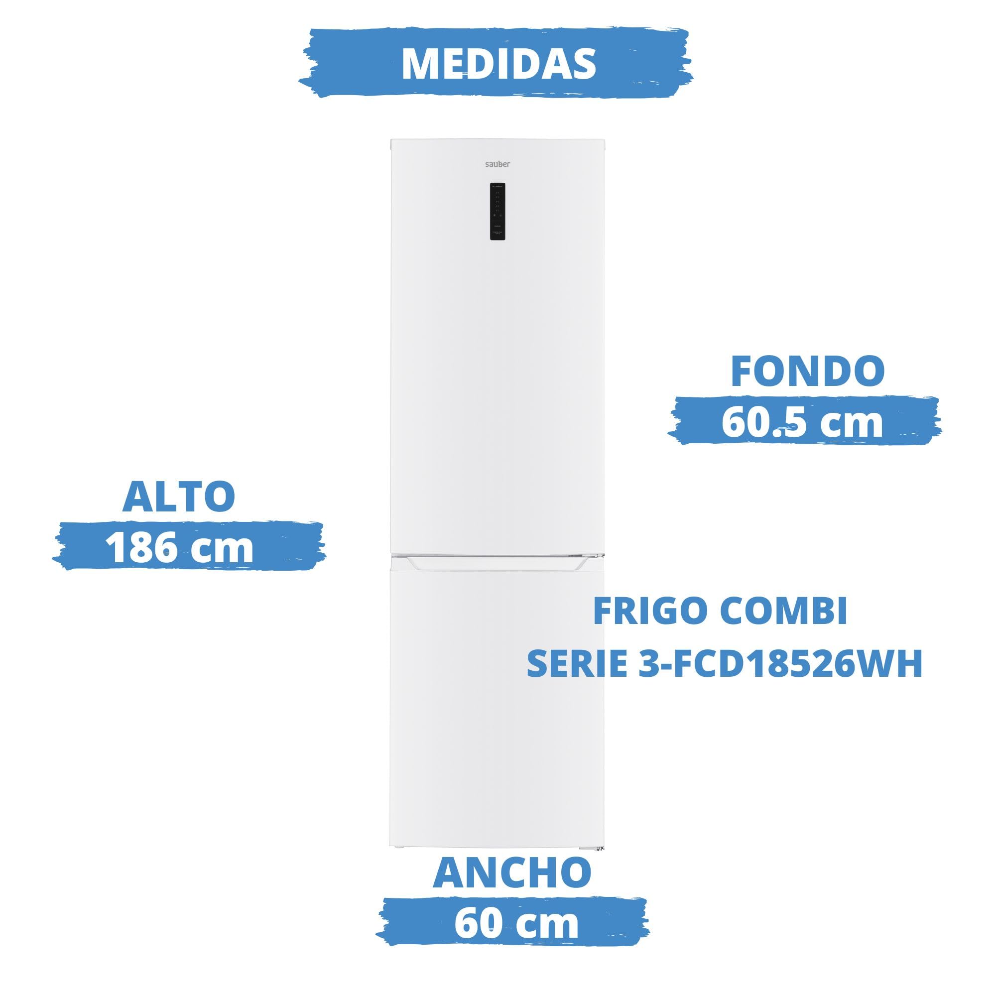 SAUBER, Frigorífico Combi Serie 3-FCD18526WH Tecnología TOTAL NOFROST, Luz LED, E, Puertas Reversibles, Blanco, 293 L, 186 x 60cm, DISPLAY, ZeroClearance®, ENTREGA Y RETIRADA USADO DOMICILIO