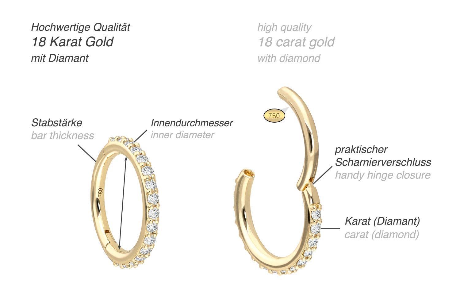 PIERCINGLINE 18 Karat Gold Segmentring Clicker EINGEFASSTE DIAMANTEN Piercing Ring Ohr Nase Größenauswahl