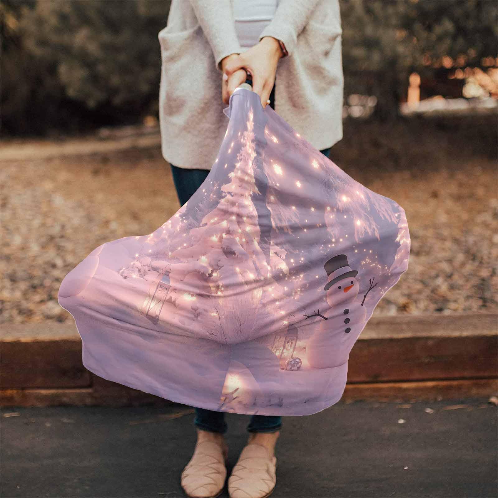 Nursing Cover for Breastfeeding Scarf, Light Pink Snow Christmas Tree Snowman Light Baby Car Covers Super Soft Multi Use for Canopy Shopping Cart Cover Blanket Stroller Cover