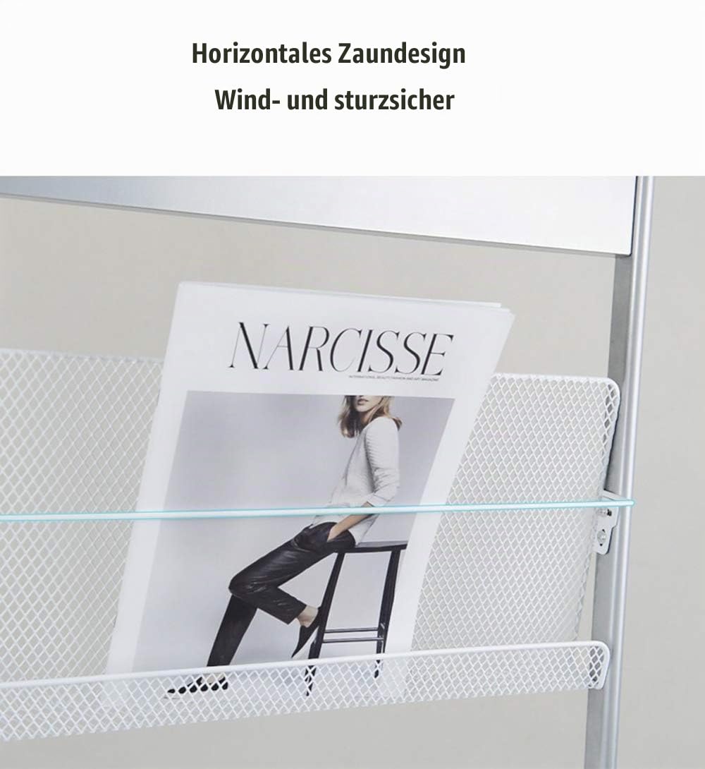 Zeitschriftenständer, Literaturständer mit 4 Taschen, bodenstehend, Prospekthalter Rack, Silber, 48 x 36 x 137 cm
