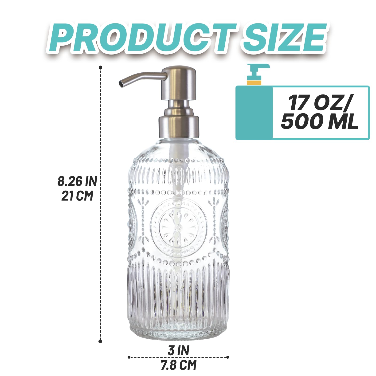 Dispenser di sapone in vetro da 500 ml, con pompa in acciaio inossidabile 304, design elegante, per cucina e bagno, ricaricabile, dispenser di sapone liquido per le mani, bottiglia per sapone