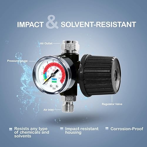 Miniatura 2 de LE LEMATEC Válvula reguladora de pistola pulverizadora con manómetro, control de diafragma de flujo de aire de 1/4 NPT hasta 140 PSI para compresor