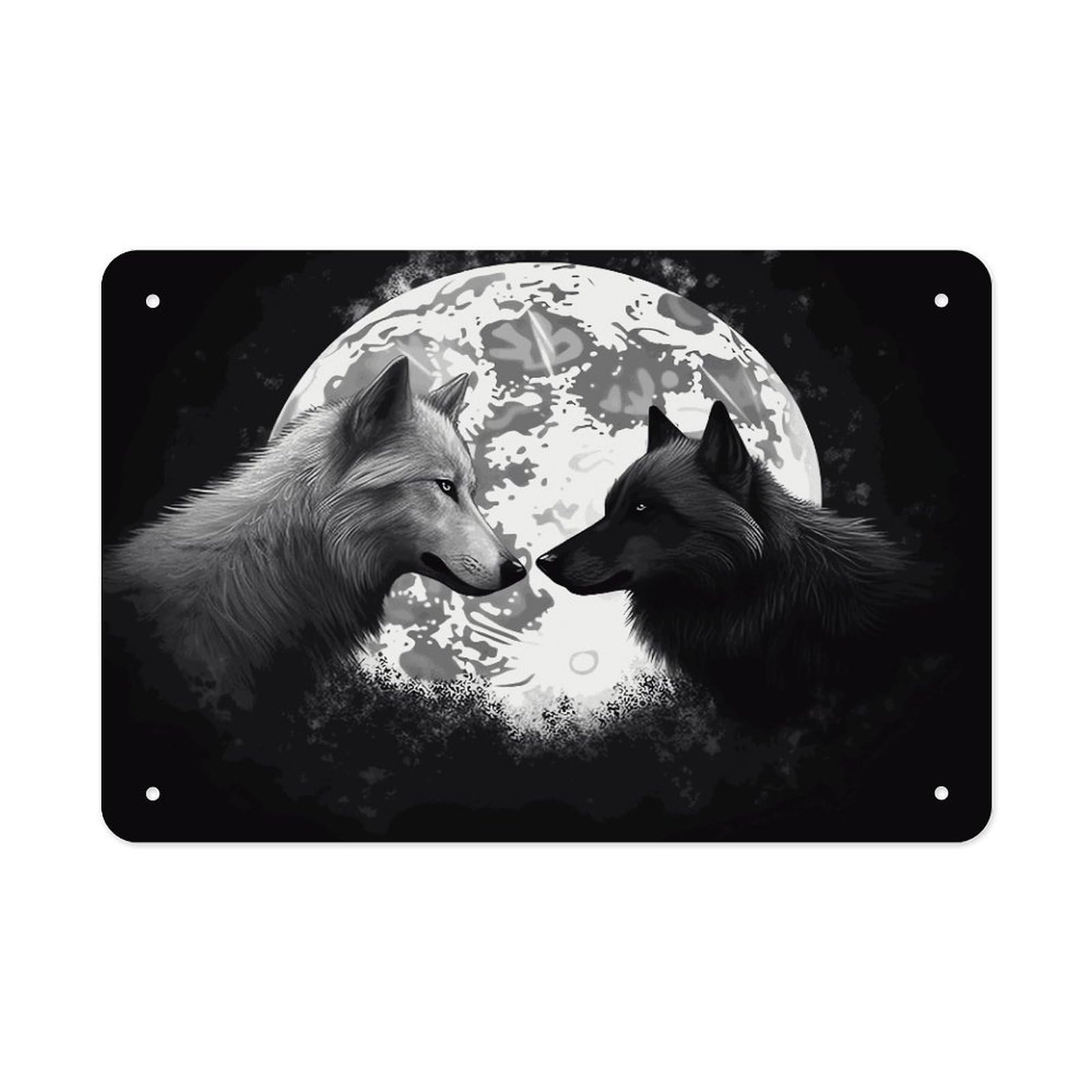LDGSUPH Wolves Love Under The Moon Wild Animal Metal Tin Sign Wall Art Prints Folded Edge Iron Sheet Painting with Holes for Wall Prints Decorative Picture Metal Signboard Decor Painting Wall Decor