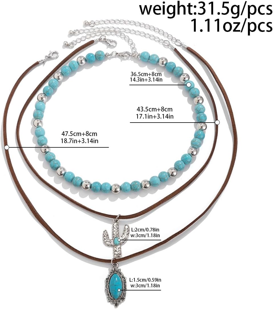 Fuqimanman2020 Boho Layered Western Necklaces for Women Cowgirl Cactus Turquoise Beaded Ox-head Hat Pendant Country Concert Jewelry - Image 2