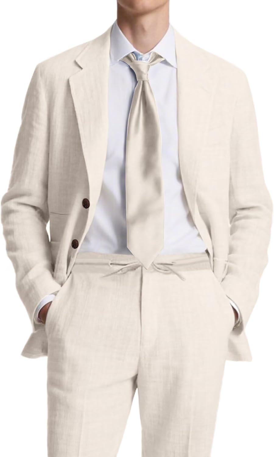 Fxzpiodi Retro Linen Mens Suit 2 Piece Slim Fit Suits Set Linen Tuxedos Jackets Blazer Drawstring Pants Wedding Prom for Men - Image 8