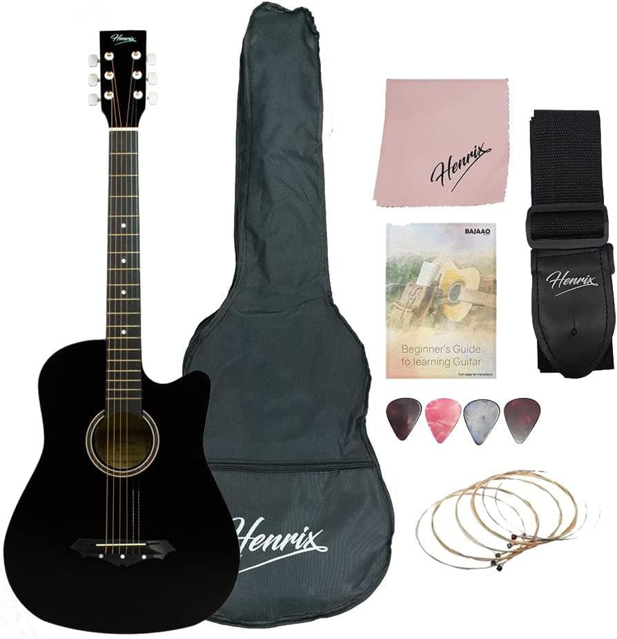 Henrix 38C 38 Inch Cutaway Basswood Acoustic Guitar With Dual Action Truss Rod, Gigbag, Picks, String Set, String Winder, Strap, Polishing Cloth & Ebook - Black