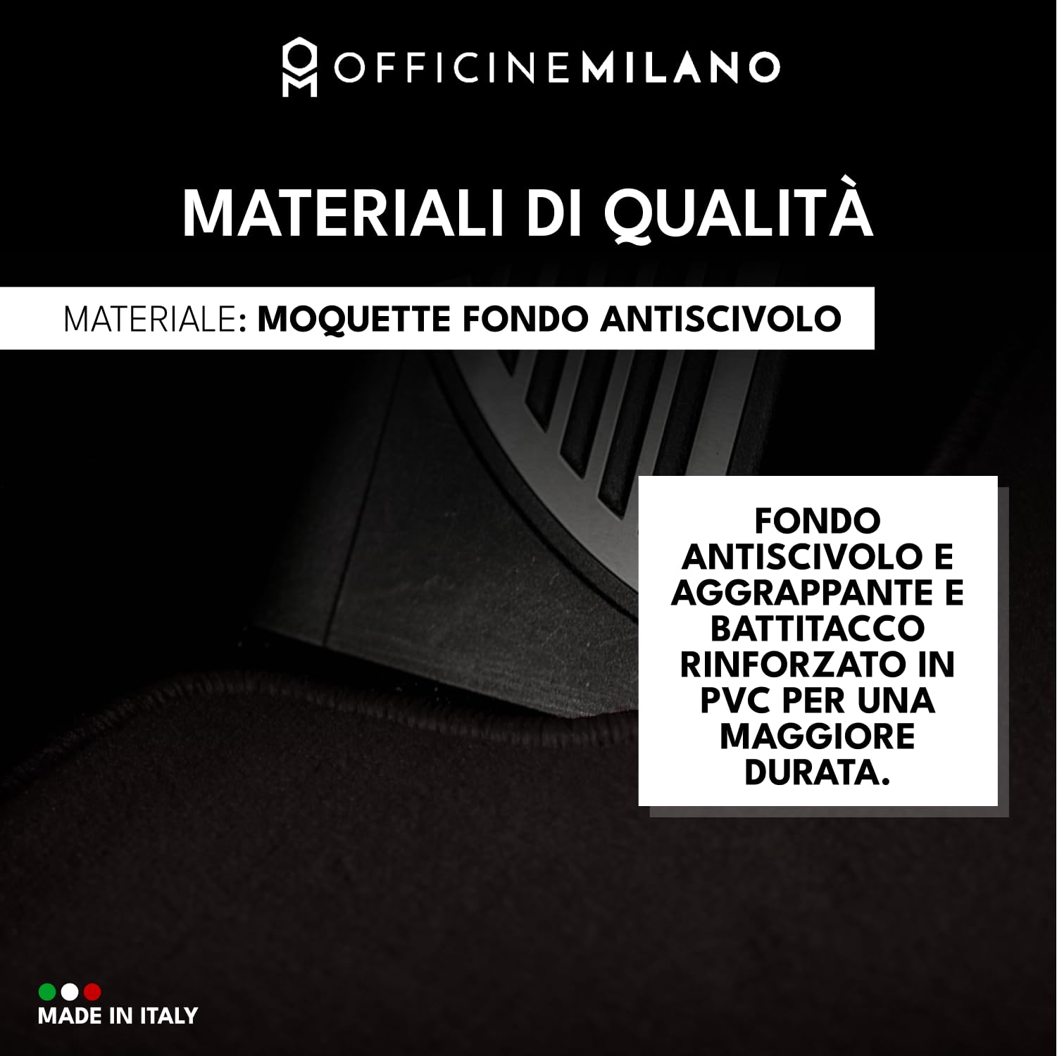 4 Tappetini in Moquette per Fiat Punto dal 2009 al 2015 con 2 bottoni, Fondo Antiscivolo con Battitacco in PVC - Alta Qualità - Made in Italy - OFFICINE MILANO