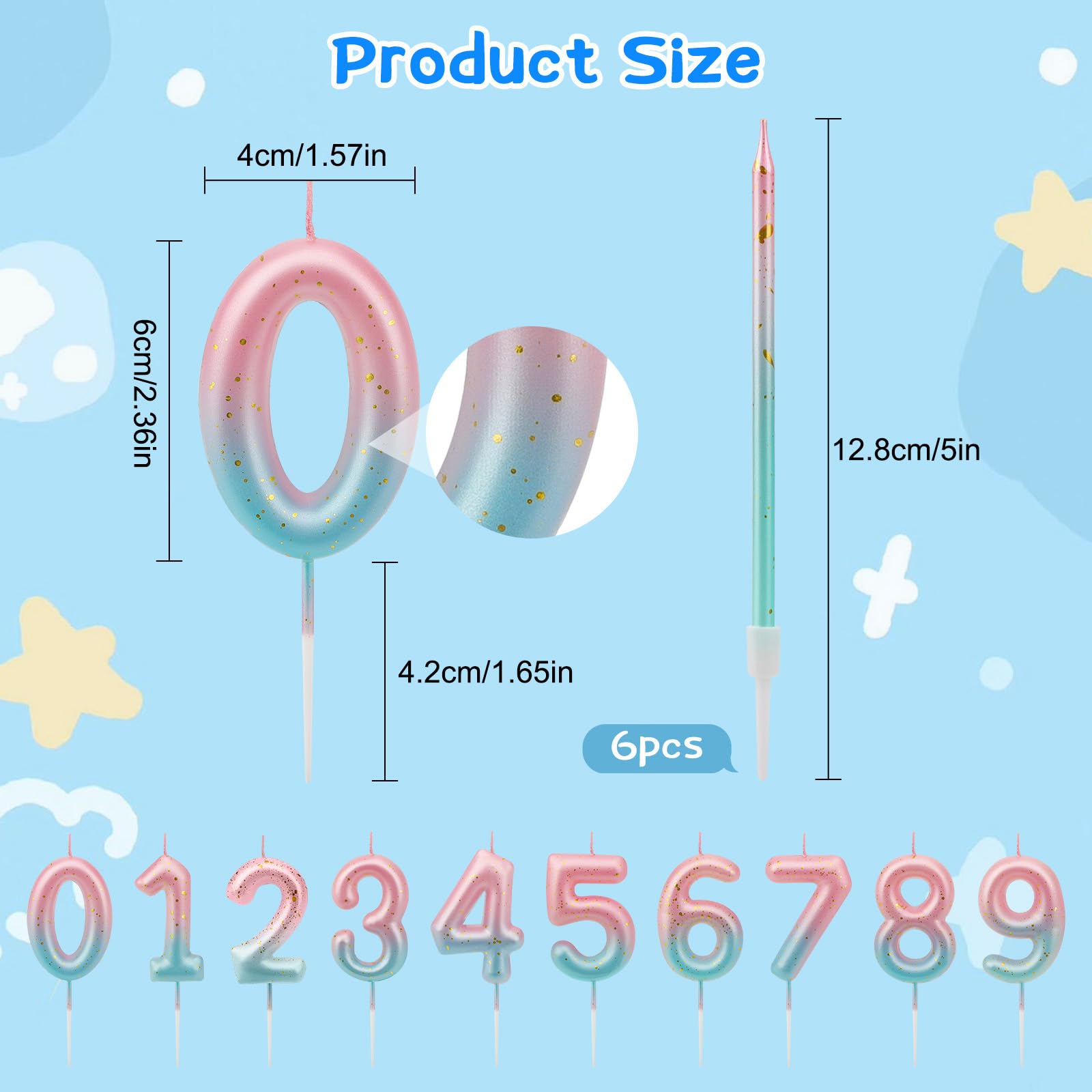 7 Candele Di Compleanno Sfumate Rosa E Blu Con Glitter Oro – Numero 5 + 6 Candeline Sottili Per Torta – Decorazioni Per Feste