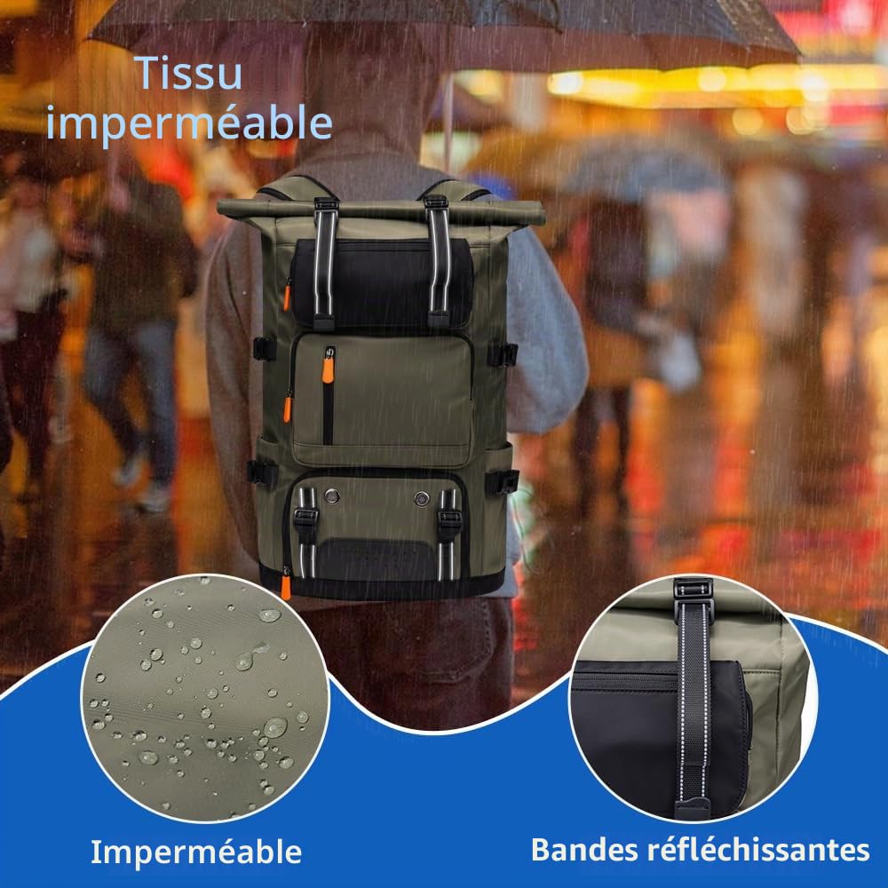 Sac à Dos Etanche pour 17,3" Ordinateur Portable 42L Sac a Dos Homme et Femme Léger Antivol Pour le Sport Voyage Cyclisme Université Loisir - Vert