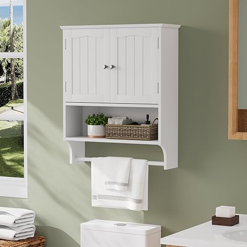 Smuxee Armario de baño blanco montado en la pared con barra de toallas, botiquín de baño con 2 estantes ajustables de puerta, armario sobre inodoro