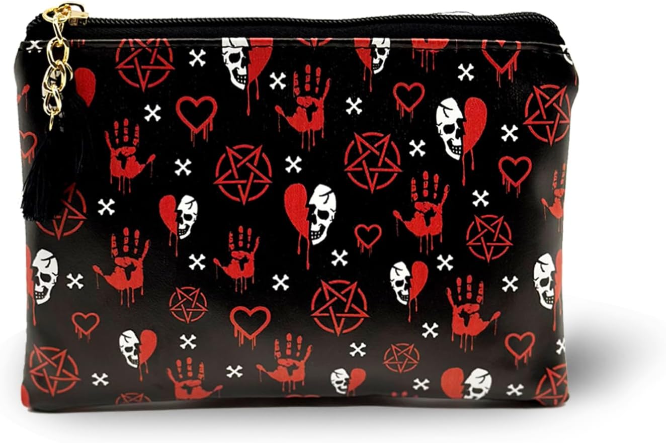 XDMXY Cute Small Cosmetic Bag Mini Makeup Bag for Women and Girls,PU Leather Small Travel Toiletry Bag Accessories Organizer with Zipper Tassel, Hallowmas blood handprint goth skull, Cute