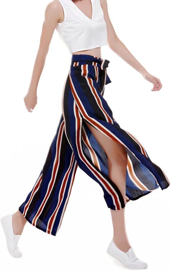 Amazon Co Jp Bestjpshop ガウチョパンツ レディース スカーチョ ボーダー柄 スリット 脚長効果 シルエット 涼しい ワイドパンツ キュロットスカート マキシ丈 春夏秋 ボトムススカンツ M ファッション