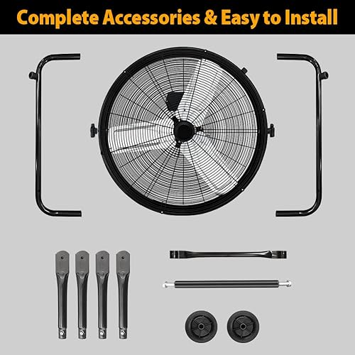 Miniatura 7 de LifePlus Ventilador de tambor industrial de alta velocidad, ventilador de piso de 3 velocidades de 24 pulgadas con dirección de 360, protección