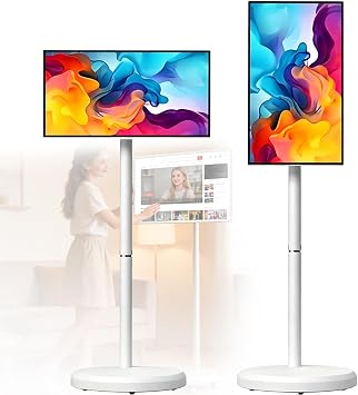 Portable Smart TV 32" Full HD Touchscreen Monitor with Wheels, 4GB RAM, 64GB Storage, 6-8 Hour Battery Life, Smart Rotating Display for Gaming & Streaming