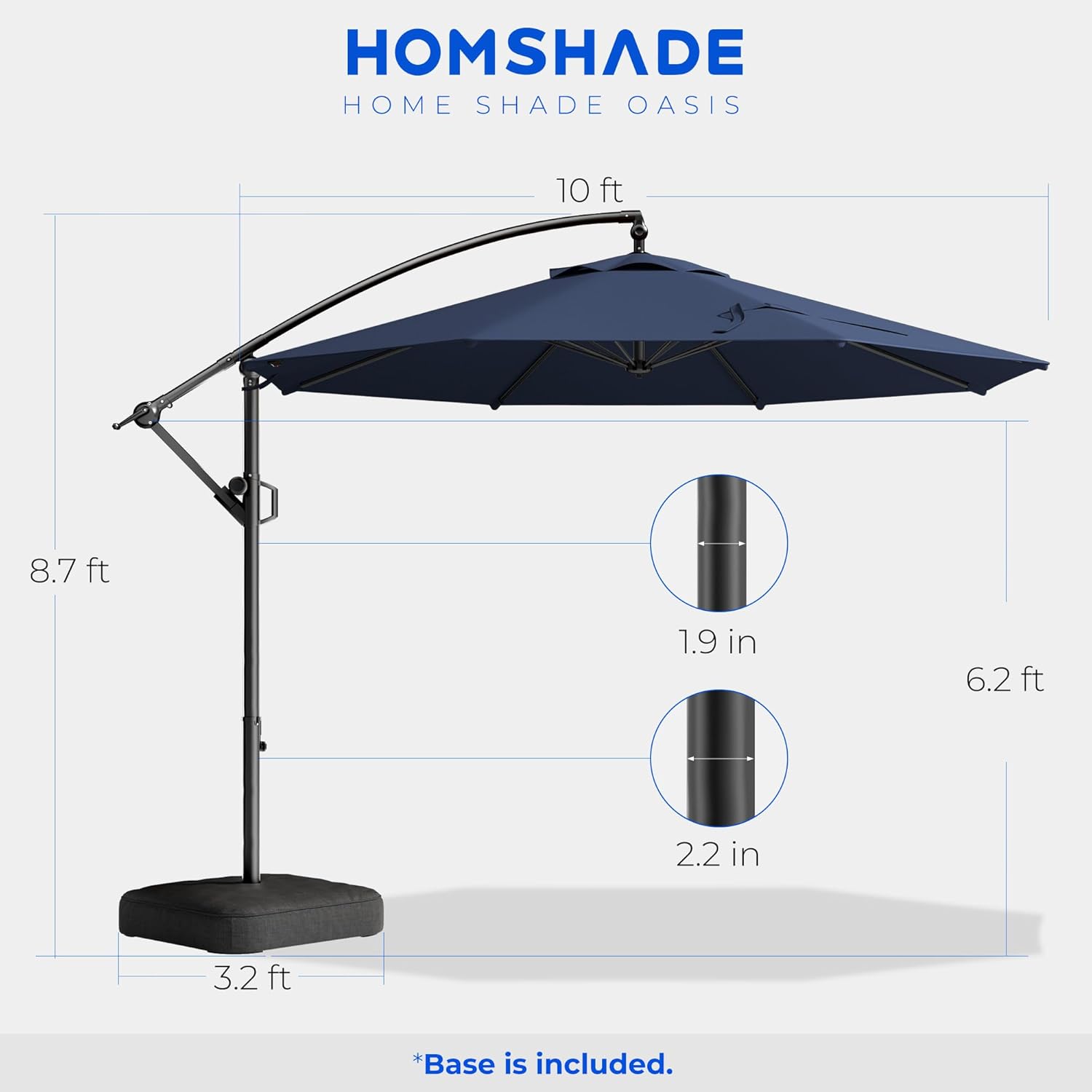 HOMSHADE 10ft Offset Patio Umbrella - w/Base, Cantilever Offset Hanging Patio Outdoor Market Umbrella UPF50+ UV Protection with Easy Tilt and Crank for Pool Deck and Garden(Navy Blue)