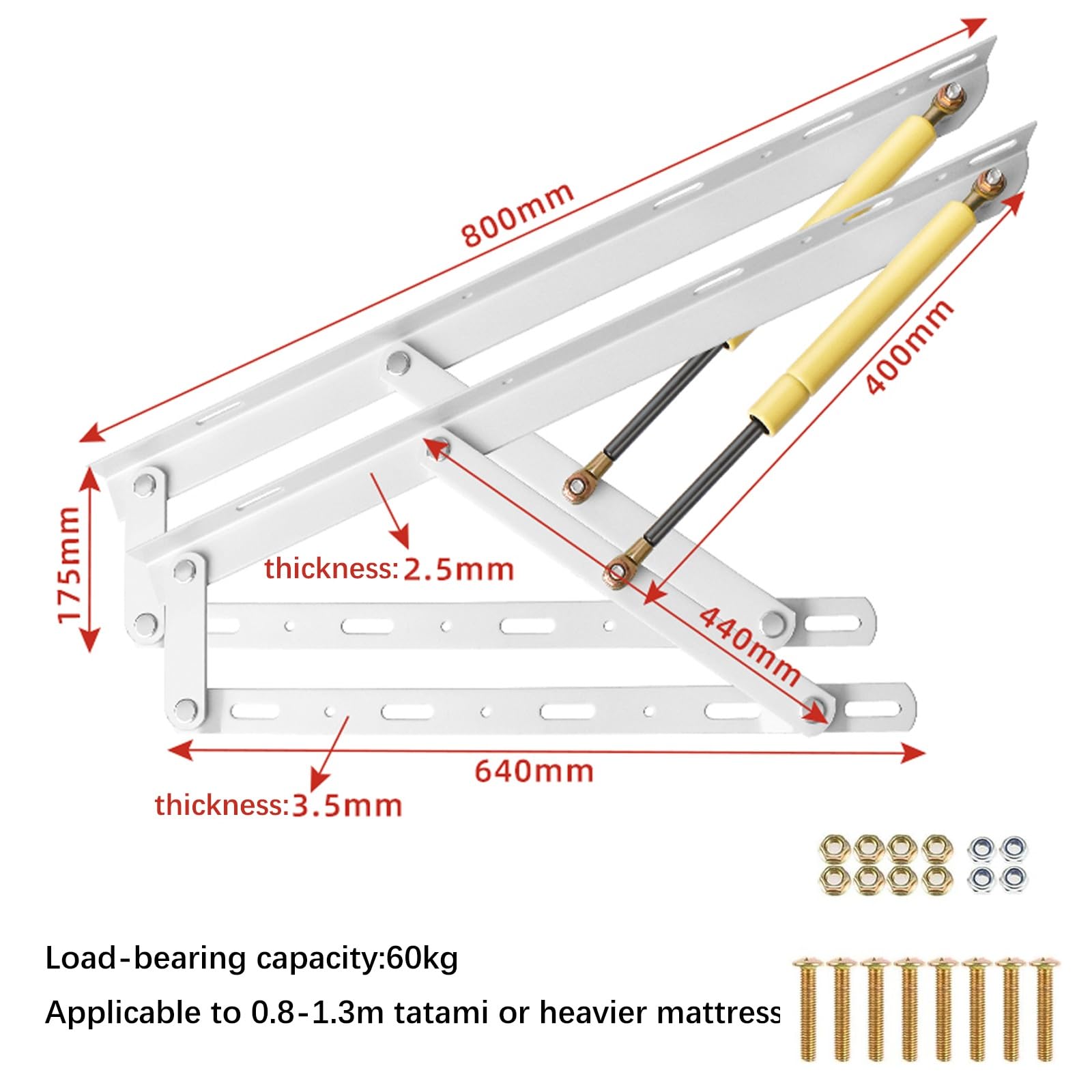 1 Pair Bed Lift Mechanism Heavy Duty Gas Spring Bed Storage Lift Kit, Hydraulic Pneumatic Rod Folding Lift For Bed Gas Spring Bed Storage Lift Kit, Folding Bed Accessories, 62-150cm(Black,800mm)