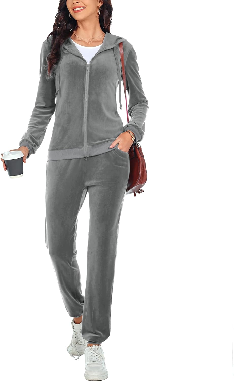 Womens 2 Piece Sweatsuits Set Velvet Long Sleeve Zip Up Track Suits Jogging Suit