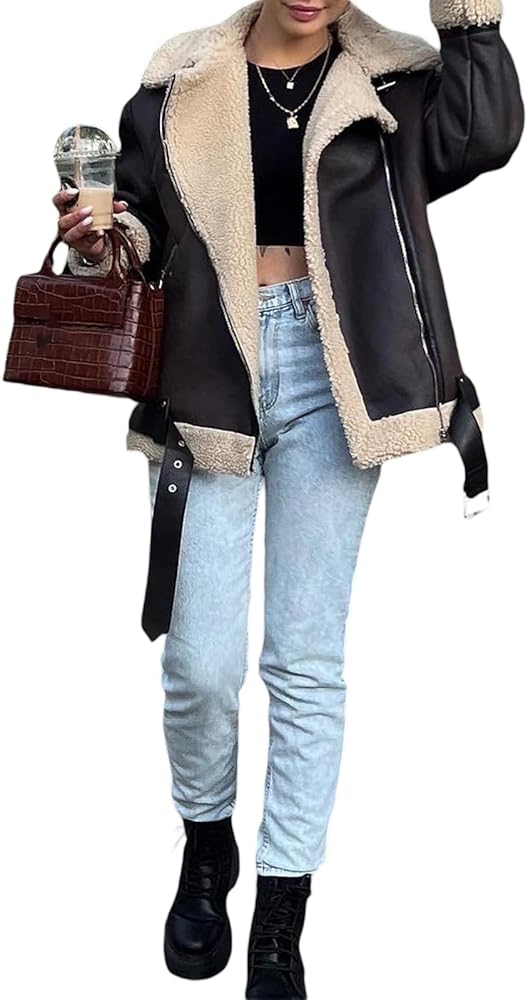 HAPRIZERA Women Faux Lamb Fur Leather Short Jacket Lapel Zipper