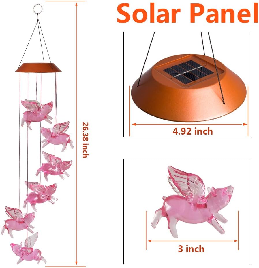 LED Solar Fly Pigs Wind Chimes Outdoor - Waterproof Solar Powered LED Changing Light Color 6 Flying Pigs Mobile Romantic Wind-Bell for Home, Party, Festival Decor, Night Garden Decoration