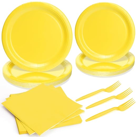 96pcs Disposable Solid Tableware Set Paper Plates Round for 24 Guests Party Table Supplies Birthday Picnic Wedding (Include Plates, Forks and Napkins) - Yellow