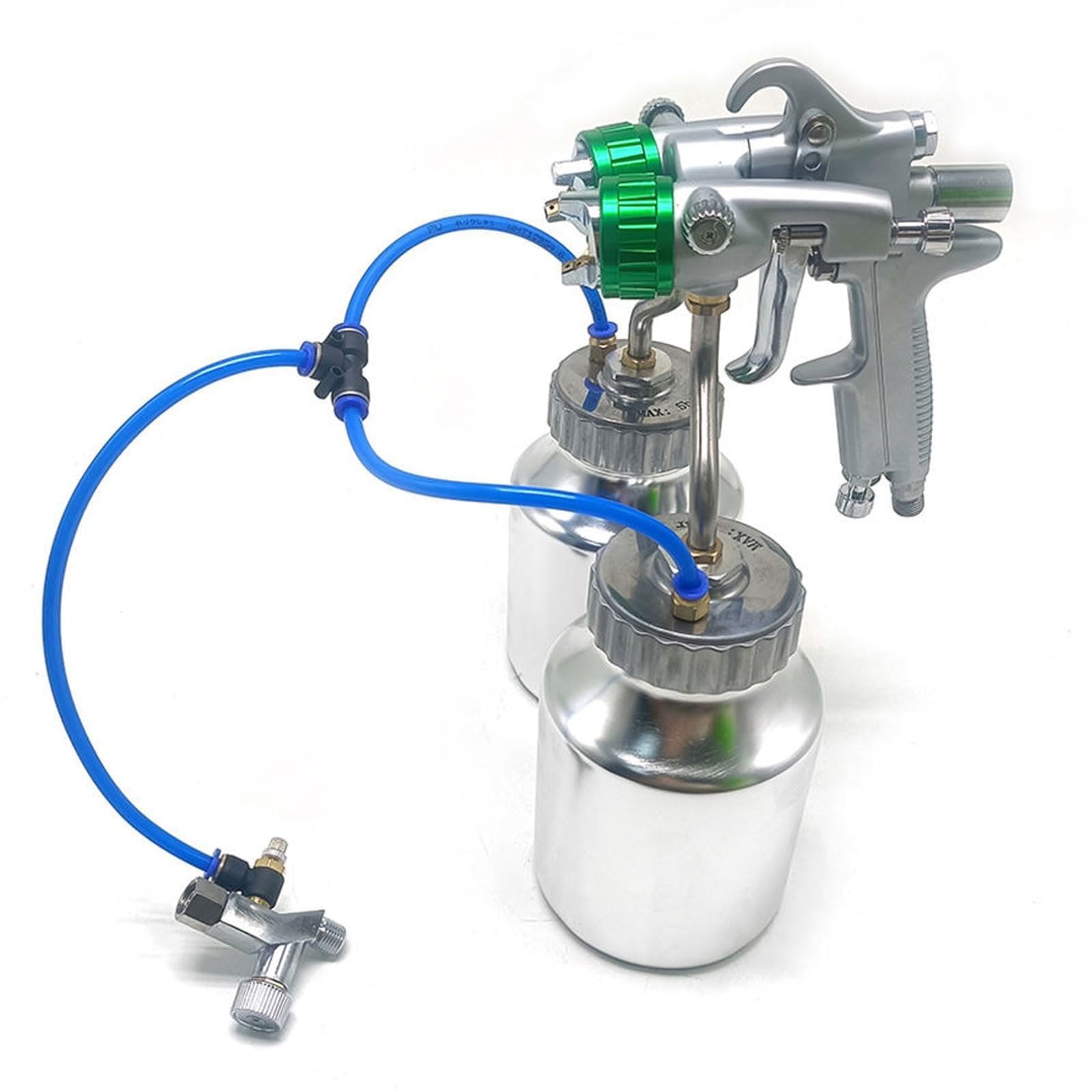Pulverizador de pintura neumático, pistola de pulverización de 4.0 bar con boquilla de 1.3 mm, acero inoxidable, cabezal doble, 1000 ml x 2, máquina de pintura de alimentación a presión para acabados