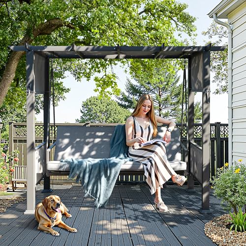 Pamapic 2-in-1 Convertible Porch Swing Bed, 3-Seat Elegant Patio Swing with Wicker Armrests, Outdoor Chair with Adjustable Canopy for Balcony, Garden, and Poolside, Gray - Thumbnail 2