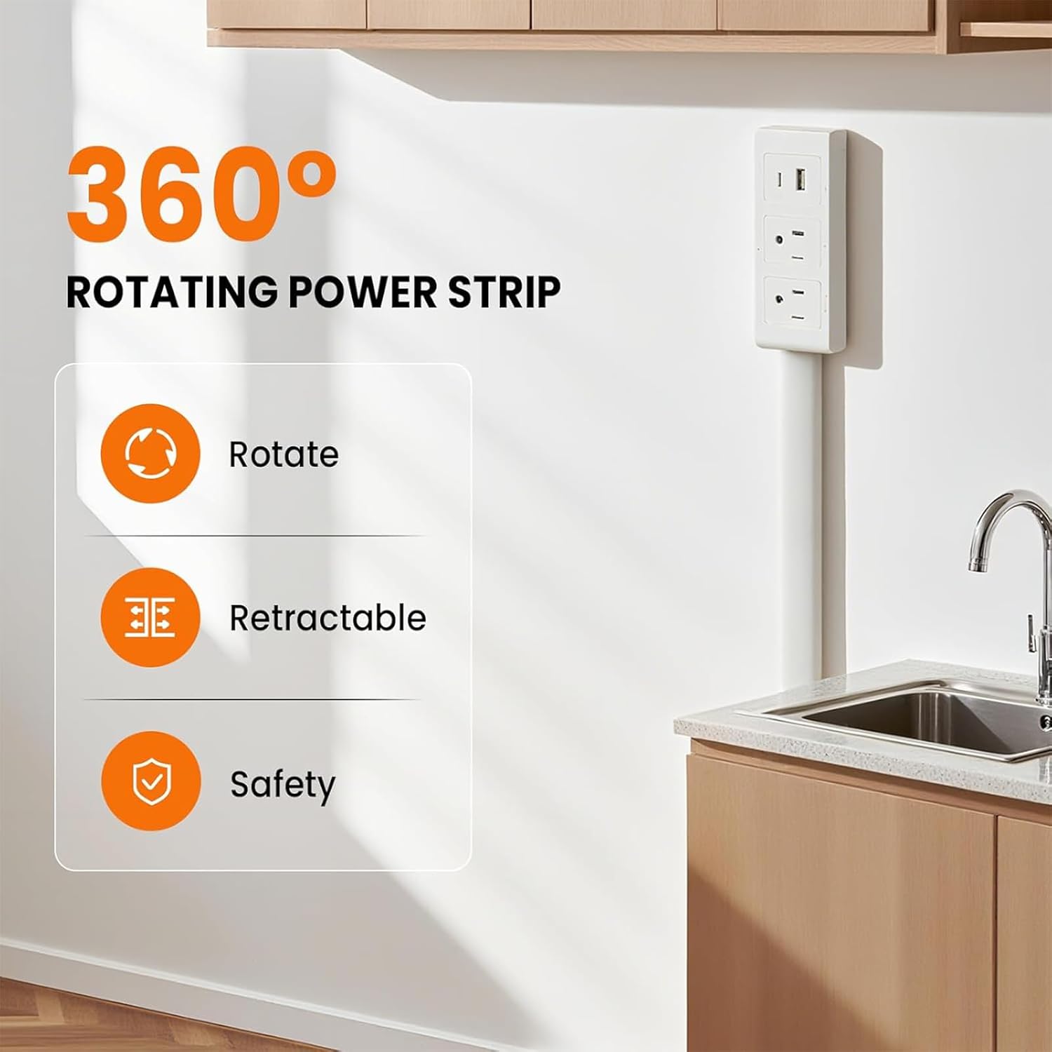 Electrical Outlet Extender Features USB-A,USB-C,2 AC Outlets,Wall Power Socket Expander Stick,Extendable Rotating Electric Outlet Plug Adapter Nightstands, Sofa,Desks and More Hard to Reach Spaces