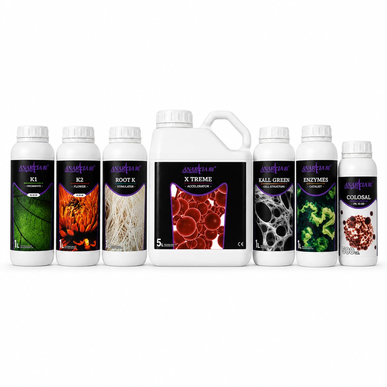 Kit Línea K 100L - Anarkia81 - Fertilizantes Crecimiento y Floración - K1, K2, Root K, X Treme, Kall Green, Enzymes y Colosal