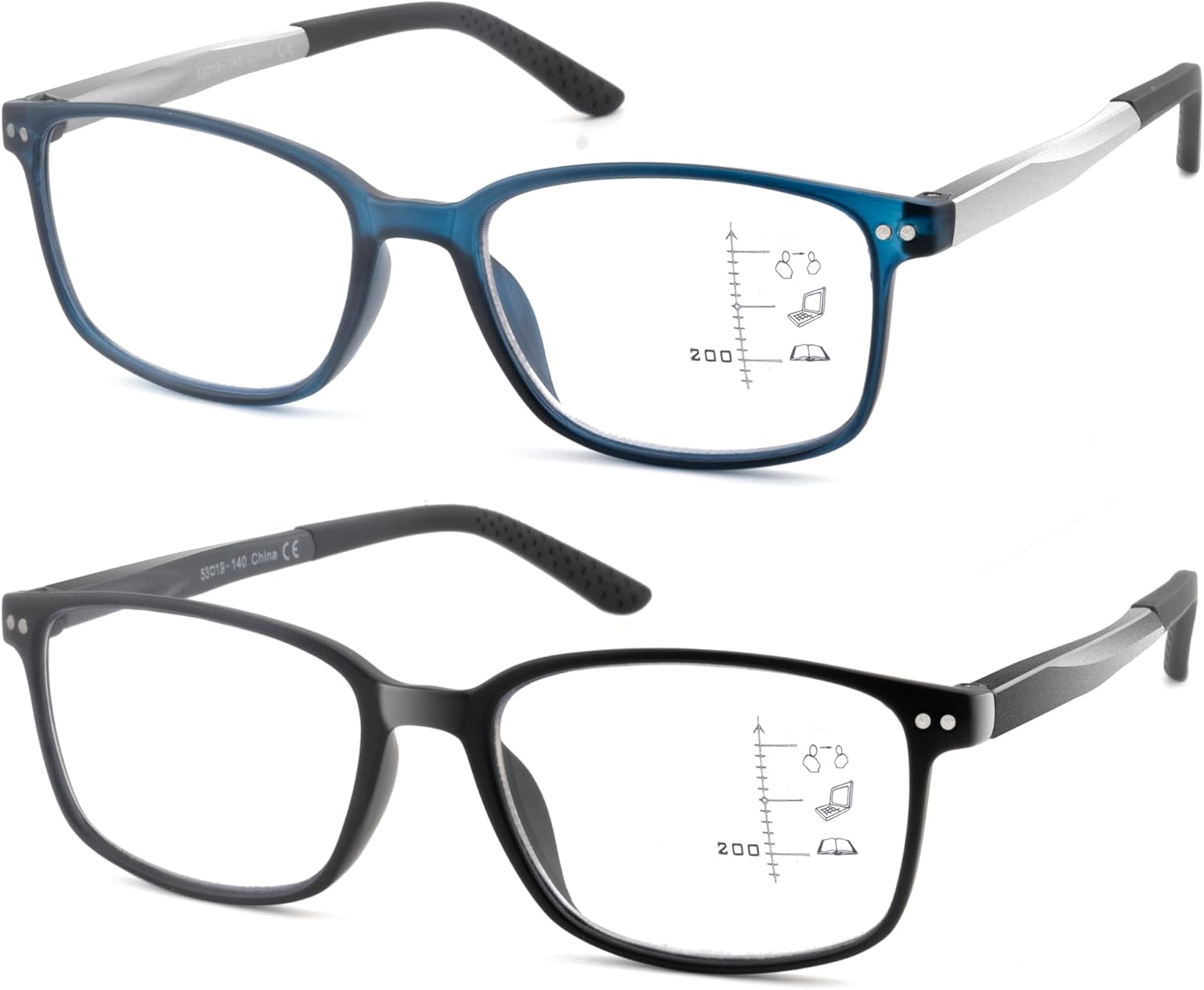 2 Pcs Progressive Reading Glasses for Men,Rectangular Sporty Style TR90 Blue Light Blocking Readers with Spring Hinge