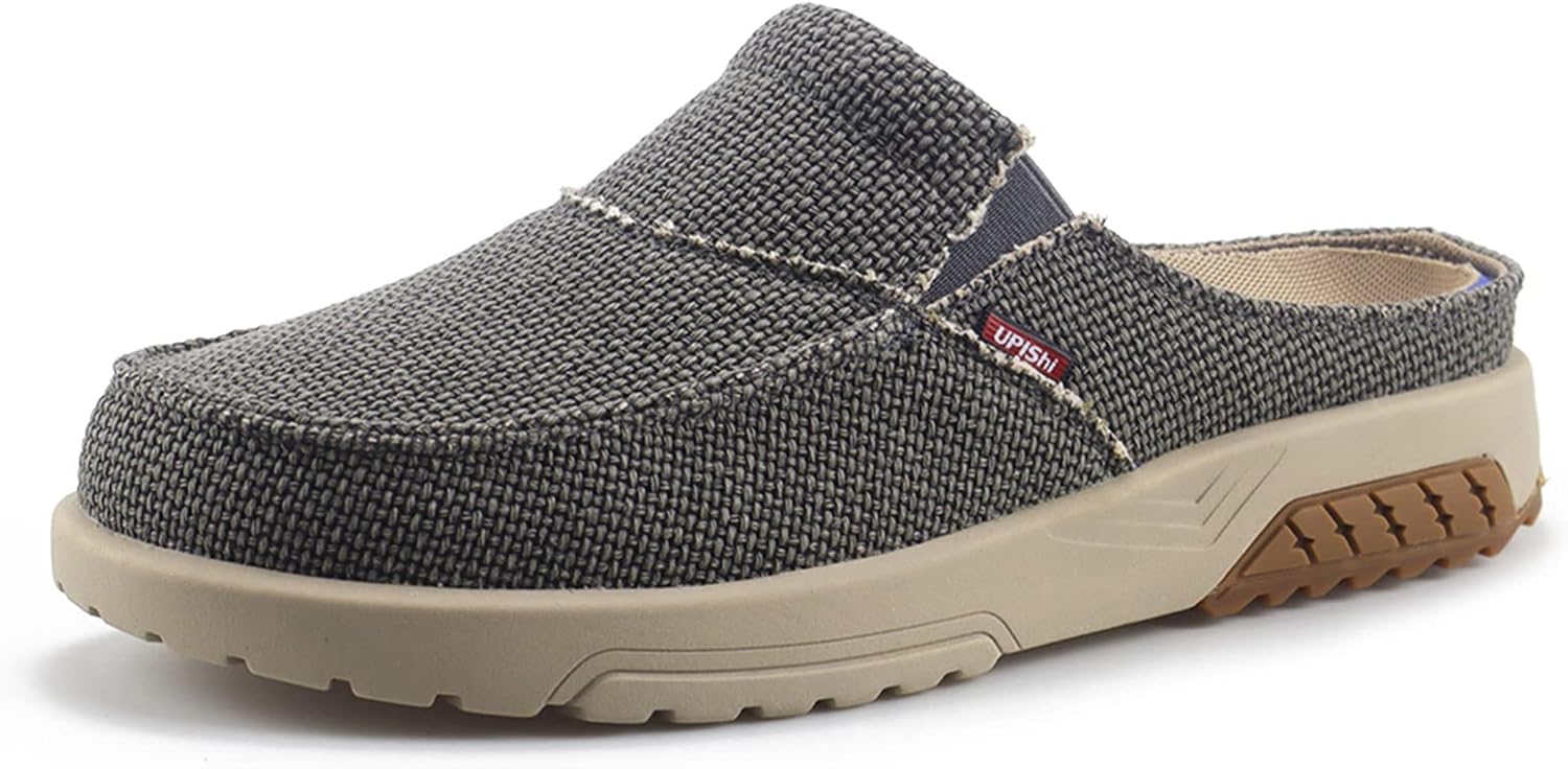 UPIShi Men's Arch Support Orthopedic Plantar Fasciitis Relief Slippers Canvas House Indoor Outdoor Slip On Loafers Non-Slip Casual Shoes