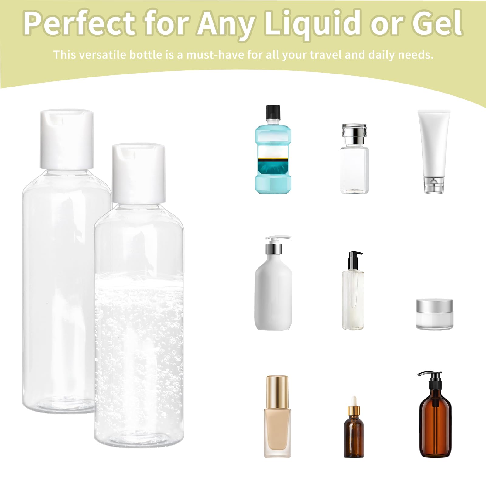 8 sztuk plastikowych butelek podróżnych, 100 ml, puste pojemniki podróżne, wielokrotnego użytku, małe butelki z szamponem, przezroczyste butelki kosmetyczne z zamknięciem Disc, 2 lejki i 12 etykiet,