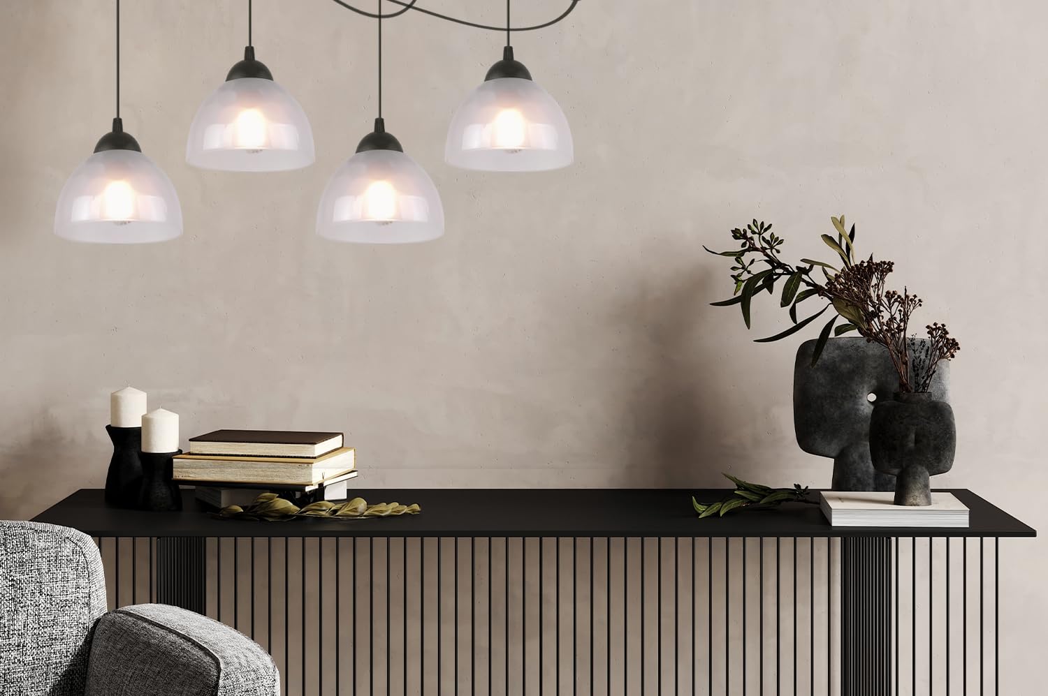 Light-Home Venice Pająk wiszący żyrandol - Nowoczesna lampa na sufit do sypialni salonu i kuchni w stylu loft nowoczesny - metal - E27 z 4 punktami światła - klosz szkło mleczne