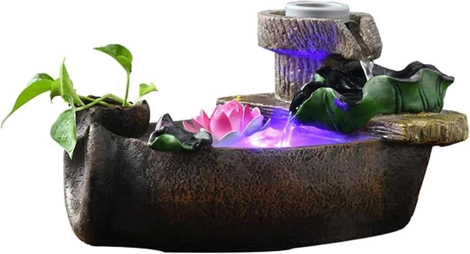 Decorative Fountain, Fish Pond Flower Pot Tabletop Fountain with Atomizer and Light, Small Indoor Waterfall Fountain