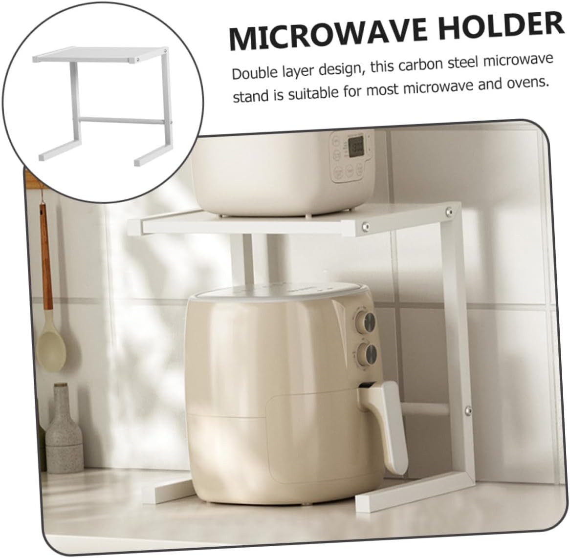 Metal Oven Stand Microwave Holder Space Saving Kitchen Organizer for Oven and Air Fryer Sturdy Countertop Storage White Color