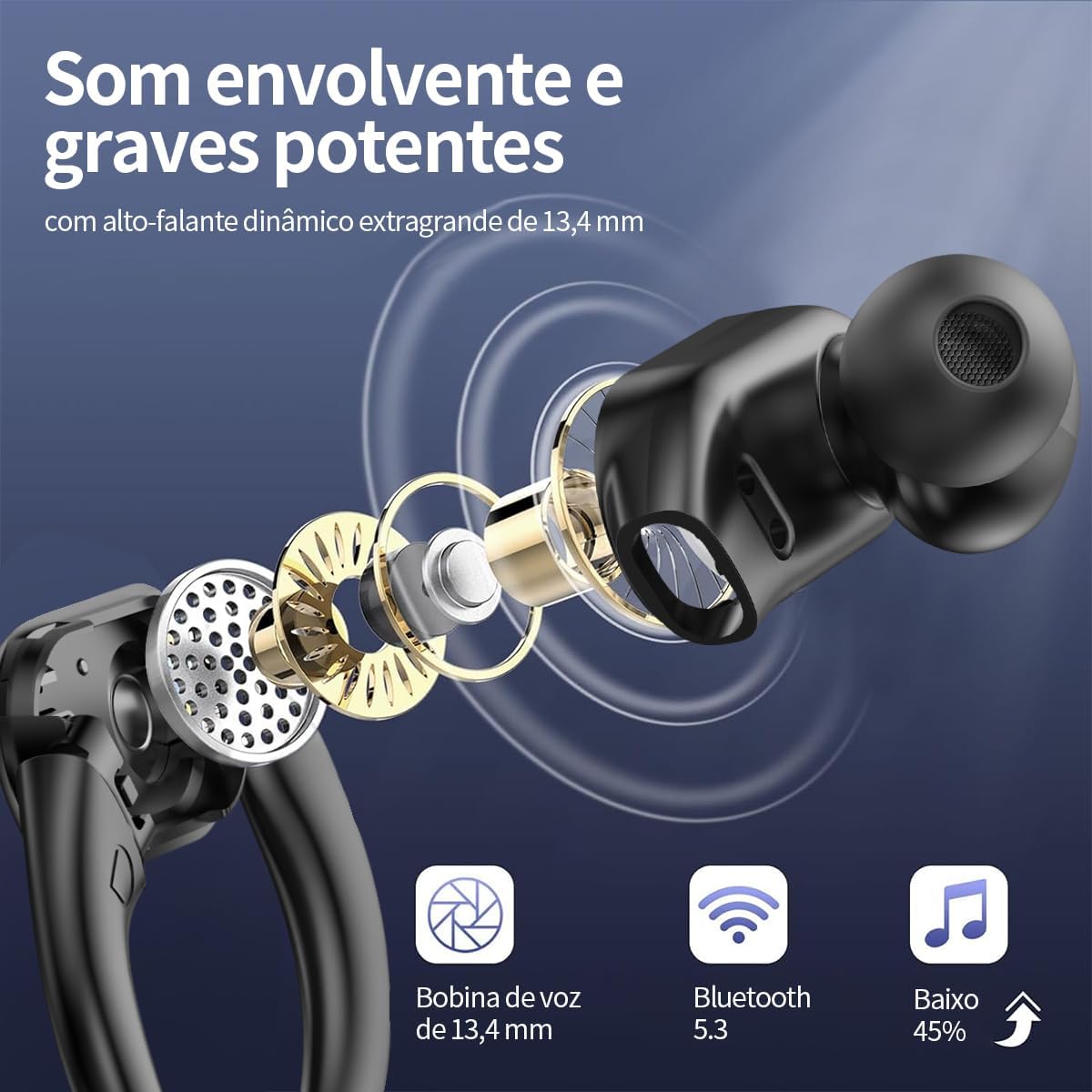 Fone Bluetooth Esportivo com Microfone e Cancelamento de Ruído Ativo Fones de Ouvido Abertos Sem Fio com Visor Digital de LED Bluetooth 5.3 48 Horas de Reprodução, Compatível com Android iOS, Preto