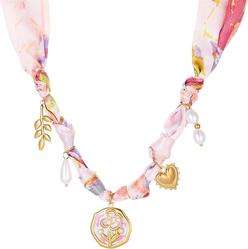 Vista 5 de Collar de bufanda de seda chapado en oro de 18 quilates para mujer, collar bandana con dijes de acero inoxidable, joyería vintage, collar