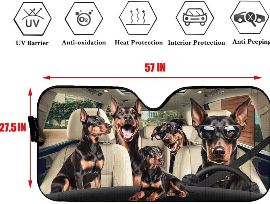 Doberman Dog Driver Car Front Window Sun Shield Sun Visor, Funny Animal Auto Windshield Sunshade Pet Dogs Foldable Car Sunshield Protector Car Interior Accessories for SUV Truck RV Van