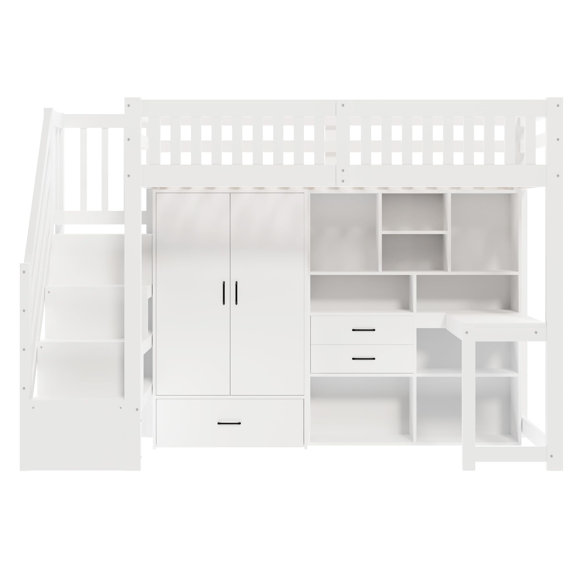 Cama alta de 90 x 200 cm, de madera, con escalera, armario, escritorio, cama juvenil con cajones, compartimentos de almacenamiento, sin colchón