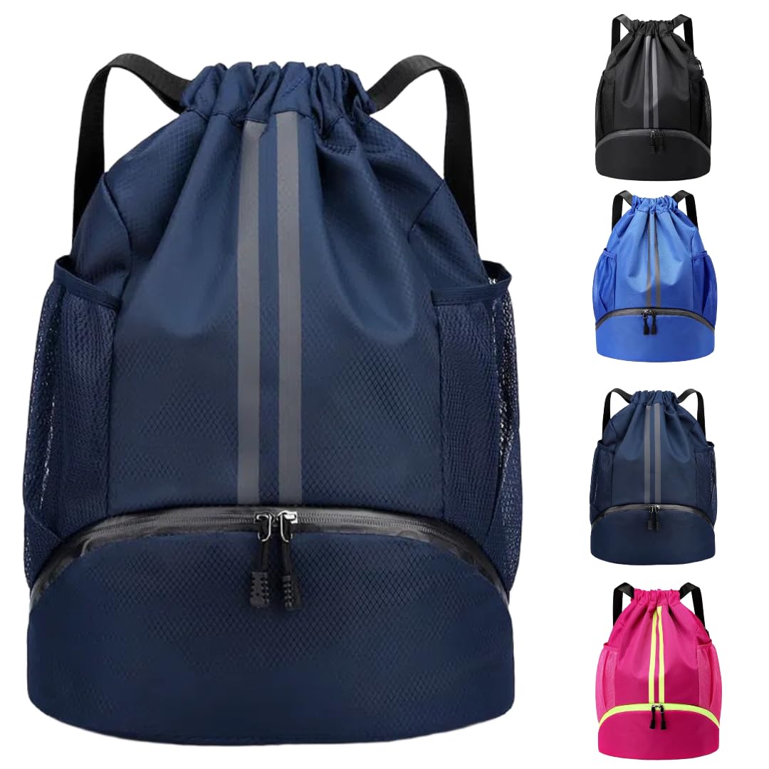 Arae Drawstring Backpack Gym bag with Shoe Compartment & Wet-Proof Pocket Sports Bag for Basketball, Soccer, Swim Travel (Striped Dark Blue) — image 1