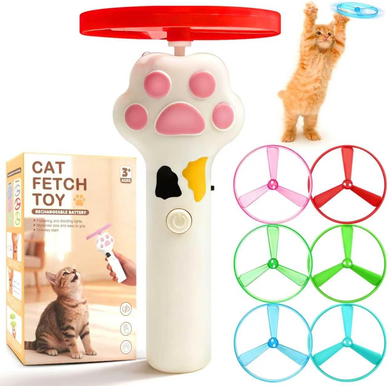 Cat Fetch Toy, Rechargeable Cat Toy Disc Launcher with 6 Flying Discs | Cat Toys for Indoor Cats, Interactive Hunting Cat Toy for Kittens & Adult Cats, Boredom Relief, Interactive Fun