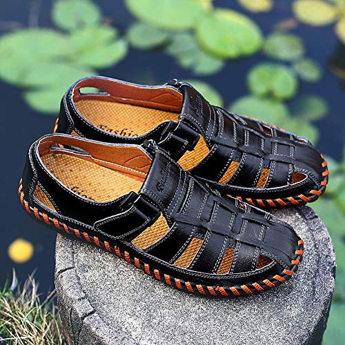 Qiucdzi Mens Sport Sandals Breathable Outdoor Fisherman Shoes Adjustable Closed Toe Summer Leather Loafters Black