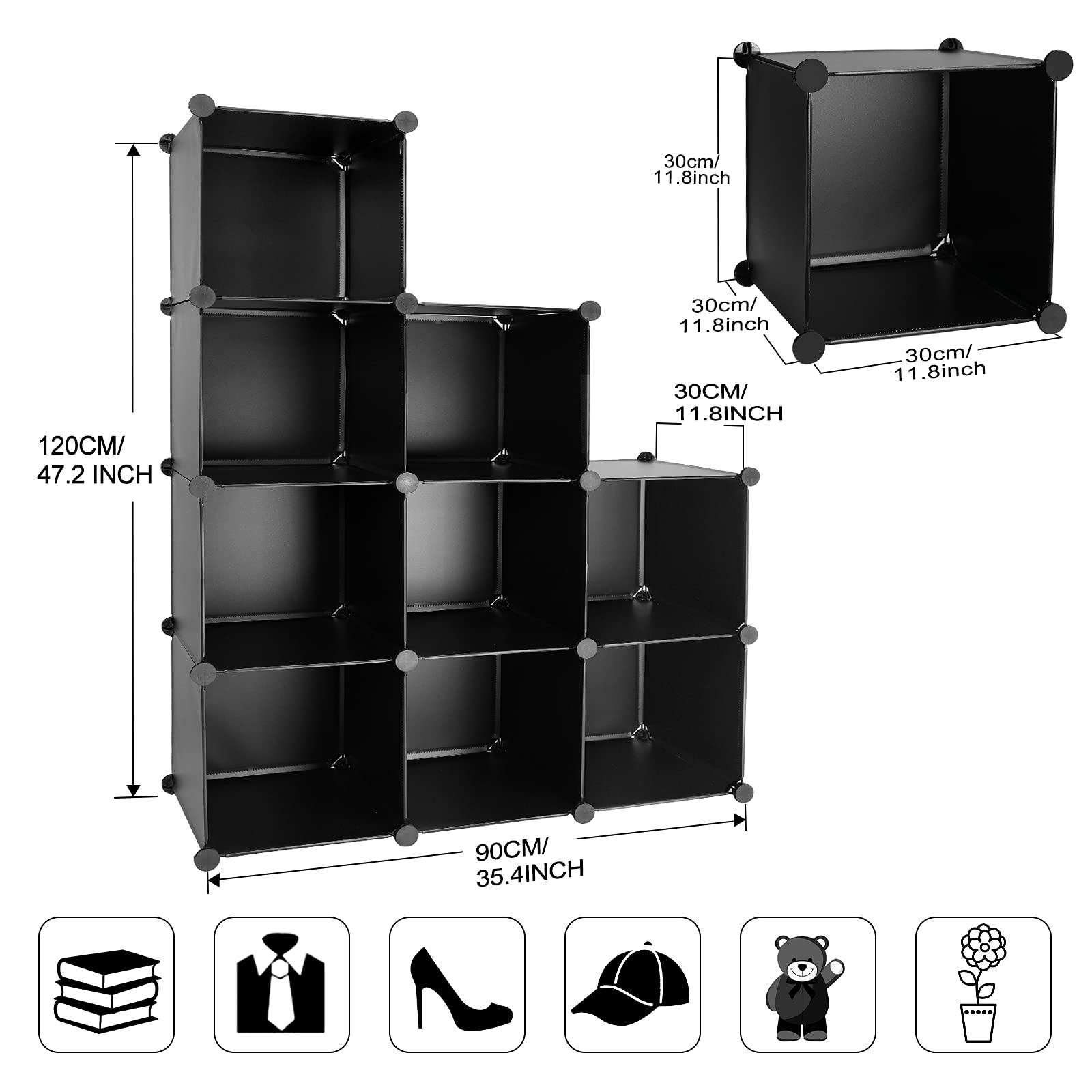 Aufbewahrungsregal mit 9 Würfeln, Kunststoff, Schrank, modular, Bücherregal, Aufbewahrungsregale für Schlafzimmer, Wohnzimmer, Büro, schwarz
