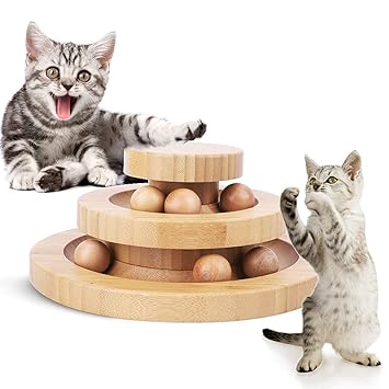 AriTan Interactive Wooden Cat Toys Ball Track Cat Tower Roller Toys Double Layers Kitten Toys Funny Swing Turntable Gifts for Indoor Cats (Type 3)