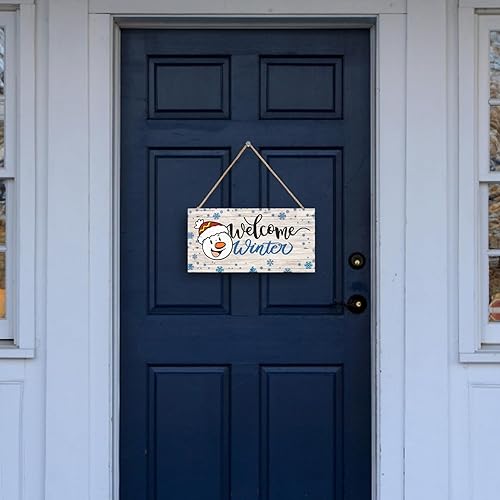 Miniatura 5 de Letrero de bienvenida de invierno, decoración rústica de madera para pared y puerta, muñeco de nieve impreso y copos de nieve, 11.9 x 6 pulgadas,