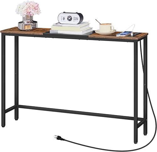 Miniatura 8 de HOOBRO Mesa consola estrecha con tomas de corriente, mesa de sofá de 44.9 pulgadas, mesa delgada detrás del sofá, estante de exhibición de entrada,